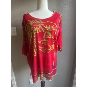 Alain Weiz Tunic Top Sheer Mesh Stretch Layered Red Funky Artsy Abstract 2XL‎ XL